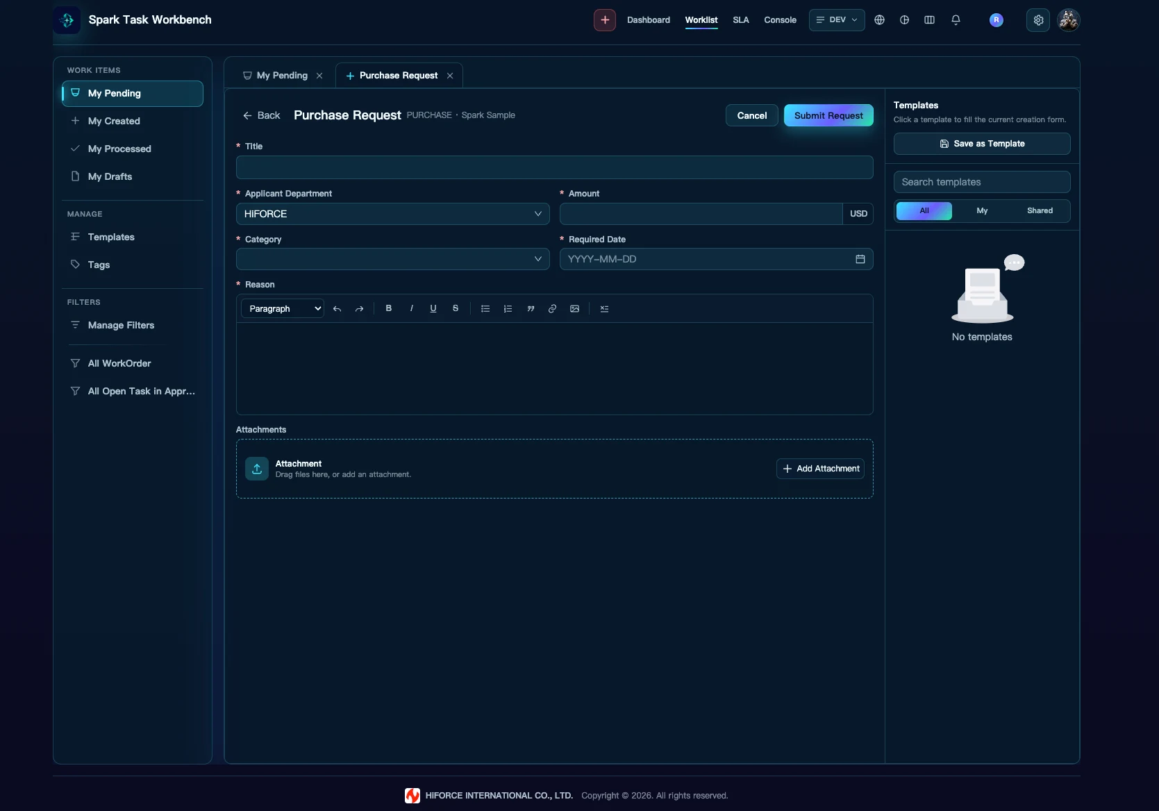 SparkForce Runtime:产品文档中的采购申请工作流。